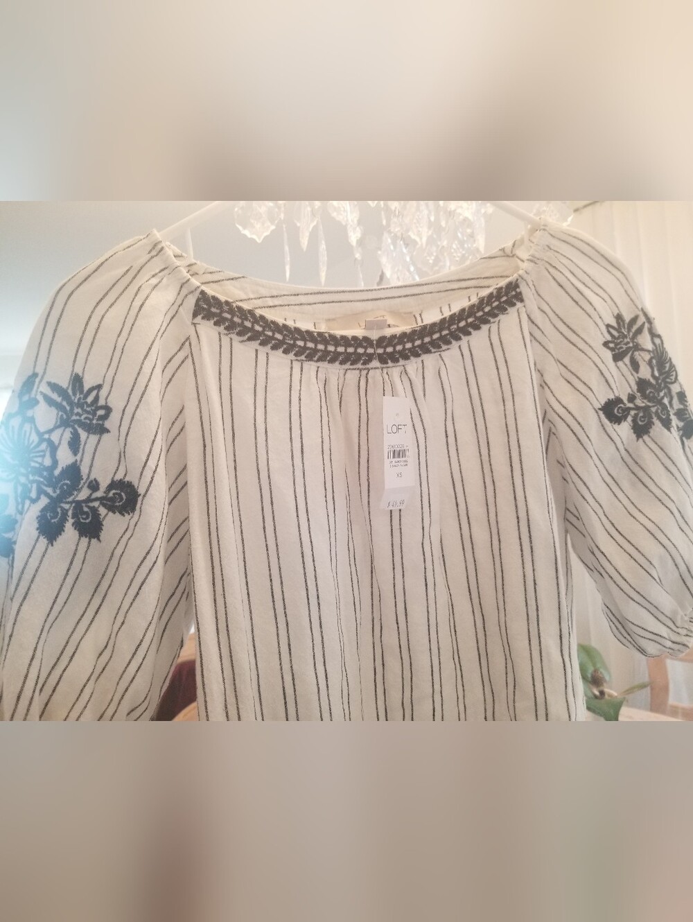 NWT LOFT Striped Linen Floral Peasant Blouse with Embroidered Neck + Sleeves, XS
